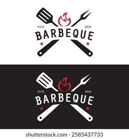 Barbeque logo design. Grill symbol with fire, spatula, and fork concept. Vintage BBQ badge vector