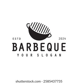 Barbeque logo design. Grill symbol with fire, spatula, and fork concept. Vintage BBQ badge vector