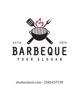 Barbeque logo design. Grill symbol with fire, spatula, and fork concept. Vintage BBQ badge vector