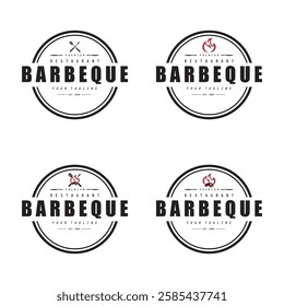 Barbeque logo design. Grill symbol with fire, spatula, and fork concept. Vintage BBQ badge vector