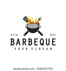 Barbeque logo design. Grill symbol with fire, spatula, and fork concept. Vintage BBQ badge vector