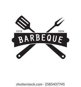 Barbeque logo design. Grill symbol with fire, spatula, and fork concept. Vintage BBQ badge vector