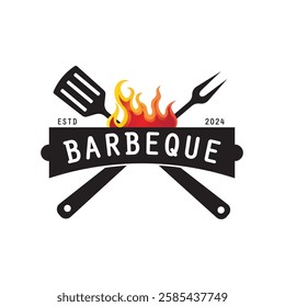 Barbeque logo design. Grill symbol with fire, spatula, and fork concept. Vintage BBQ badge vector