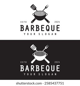 Barbeque logo design. Grill symbol with fire, spatula, and fork concept. Vintage BBQ badge vector