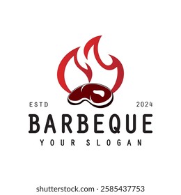 Barbeque logo design. Grill symbol with fire, spatula, and fork concept. Vintage BBQ badge vector