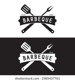 Barbeque logo design. Grill symbol with fire, spatula, and fork concept. Vintage BBQ badge vector