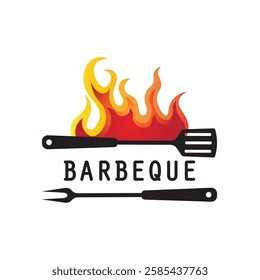 Barbeque logo design. Grill symbol with fire, spatula, and fork concept. Vintage BBQ badge vector