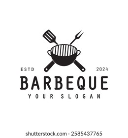 Barbeque logo design. Grill symbol with fire, spatula, and fork concept. Vintage BBQ badge vector