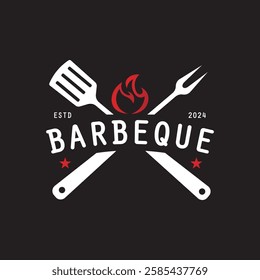 Barbeque logo design. Grill symbol with fire, spatula, and fork concept. Vintage BBQ badge vector