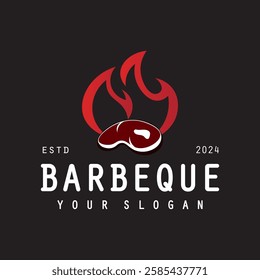 Barbeque logo design. Grill symbol with fire, spatula, and fork concept. Vintage BBQ badge vector