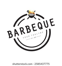 Barbeque logo design. Grill symbol with fire, spatula, and fork concept. Vintage BBQ badge vector