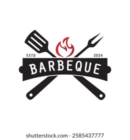 Barbeque logo design. Grill symbol with fire, spatula, and fork concept. Vintage BBQ badge vector