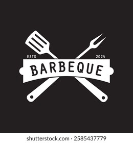 Barbeque logo design. Grill symbol with fire, spatula, and fork concept. Vintage BBQ badge vector