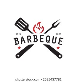 Barbeque logo design. Grill symbol with fire, spatula, and fork concept. Vintage BBQ badge vector