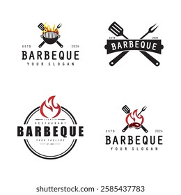 Barbeque logo design. Grill symbol with fire, spatula, and fork concept. Vintage BBQ badge vector