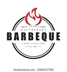 Barbeque logo design. Grill symbol with fire, spatula, and fork concept. Vintage BBQ badge vector