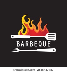 Barbeque logo design. Grill symbol with fire, spatula, and fork concept. Vintage BBQ badge vector