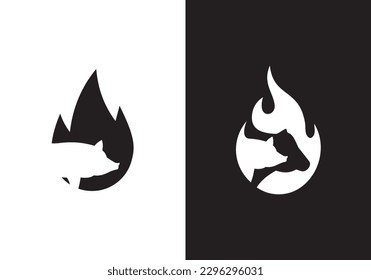 barbeque logo design, pig and fire bbq combination vector symbol illustration