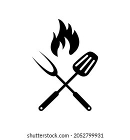 Barbeque logo or fire, spatula and fork black icon on white. Trendy flat isolated outline symbol, sign can be used for: illustration, logo, mobile, app, design, web, dev, ui, ux, gui. Vector EPS 10