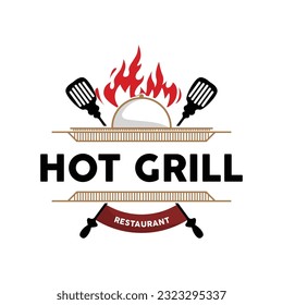 Barbeque Logo, Hot Grill Design With Fire And Spatula, Vector BBQ Grill Vintage Tripography, Retro Rustic Logo For Cafe, Restaurant, Bar