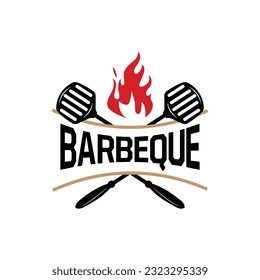 Barbeque Logo, Hot Grill Design With Fire And Spatula, Vector BBQ Grill Vintage Tripography, Retro Rustic Logo For Cafe, Restaurant, Bar