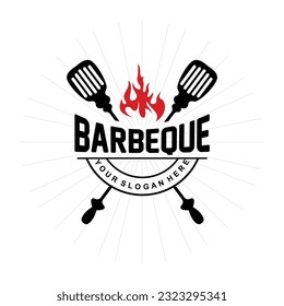 Barbeque-Logo, Hot Grill Design mit Fire and Spatula, VectorBQ Grill Vintage Tripografie, rustikales Retro-Logo für Café, Restaurant, Bar