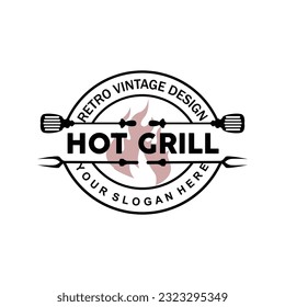 Barbeque Logo, Hot Grill Design With Fire And Spatula, Vector BBQ Grill Vintage Tripography, Retro Rustic Logo For Cafe, Restaurant, Bar