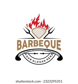 Barbeque Logo, Hot Grill Design With Fire And Spatula, Vector BBQ Grill Vintage Tripography, Retro Rustic Logo For Cafe, Restaurant, Bar