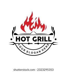 Barbeque-Logo, Hot Grill Design mit Fire and Spatula, VectorBQ Grill Vintage Tripografie, rustikales Retro-Logo für Café, Restaurant, Bar