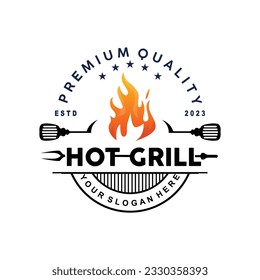 Barbeque Logo, Hot Grill Design With Fire And Spatula, Vector BBQ Grill Vintage Tripography, Retro Rustic Logo For Cafe, Restaurant, Bar