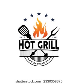 Logotipo De Barbacoa, Diseño De Parrillada Caliente Con Fuego Y Espatula, Tripografía Vintage De Parrillada Vectorial, Logo Rústico Retro Para Cafetería, Restaurante, Bar