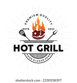 Barbeque-Logo, Hot Grill Design mit Fire and Spatula, VectorBQ Grill Vintage Tripografie, rustikales Retro-Logo für Café, Restaurant, Bar