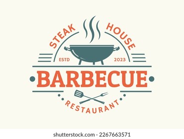 Barbeque logo or icon. BBQ label. Grill bar, restaurant, steak house vintage badge design with grill fork and spatula. Vector illustration.