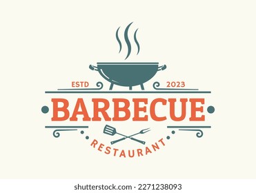 Barbeque logo or icon. BBQ label. Grill bar, restaurant, steak house vintage badge design with fire flame, grill fork and spatula. Vector illustration.