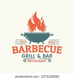 Logo o icono de la barbacoa. Etiqueta de barbacoa. Bar asador, restaurante, diseño de insignias vintage de steak house con llama de fuego, tenedor de parrilladas y espátula. Ilustración vectorial.