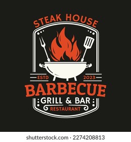 Barbeque logo or icon. BBQ label. Grill bar, restaurant, steak house vintage badge design with fire flame, grill fork and spatula. Vector illustration.