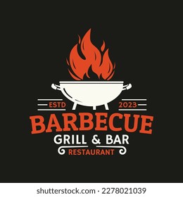 Barbeque logo or icon. BBQ label. Grill bar, restaurant, steak house vintage badge design with fire flame, grill fork and spatula. Vector illustration.