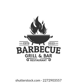 Barbeque logo or icon with fire flame. BBQ label. Grill bar, restaurant, steak house vintage badge design. Vector illustration.