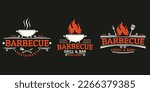 Barbeque logo set. BBQ icon or label. Grill bar, restaurant, steak house vintage badge design with fire flame, grill fork and spatula. Vector illustration.