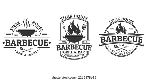 Barbeque logo set. BBQ icon or label. Grill bar, restaurant, steak house vintage badge design with fire flame, grill fork and spatula. Vector illustration.