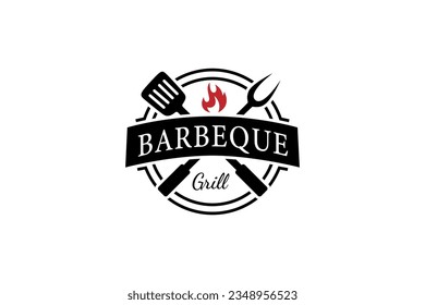 Barbeque logo with spatula and fork in stamp label design concept