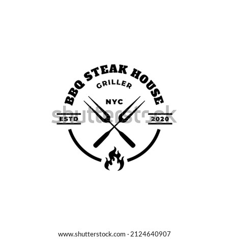 barbeque logo. Steak house logo. Grill house logostamp. Fire and fork
