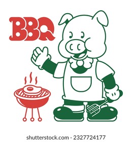 Barbeque Maskottchen mit Schweinscharakter Kochen auf Grill Vektorgrafik.