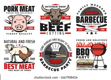 Barbeque meat, bbq icons, isolated vector signs with pork, chicken, mutton and beef sausages on grill. BBQ party symbols hamburger, butchers hat, turner and fork on grilling machine, fastfood