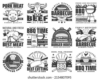 Barbeque meat, bbq icons vector pork, chicken, mutton and beef sausages on grill. BBQ summer party symbols hamburger, butchers hat, turner and fork on grilling machine, fastfood isolated signs set