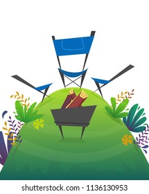 barbeque nature background chairs capming picnic, grass field hill . trees and bushes green peace meadow , summer or spring bright happy funny cartoon style vector illustration . vertical wallpaper
