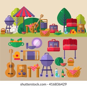 Barbeque Outdoors Object Flat Cartoon Vector Objects Set Presented In Two Setups In Relation To Each Other Above And Isolated Below