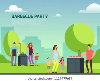 Barbeque party banner design. Cartoon character families in park vector illustration