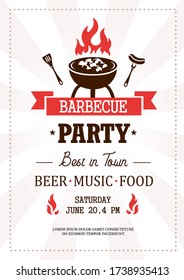 Barbeque party best in town template with text vector illustration. Invitation with grill and food flat style. Beer music food. Address information of festive event. Fun concept