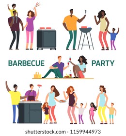 Barbeque party cartoon character families. Flat characters resting on bbq vector set illustration